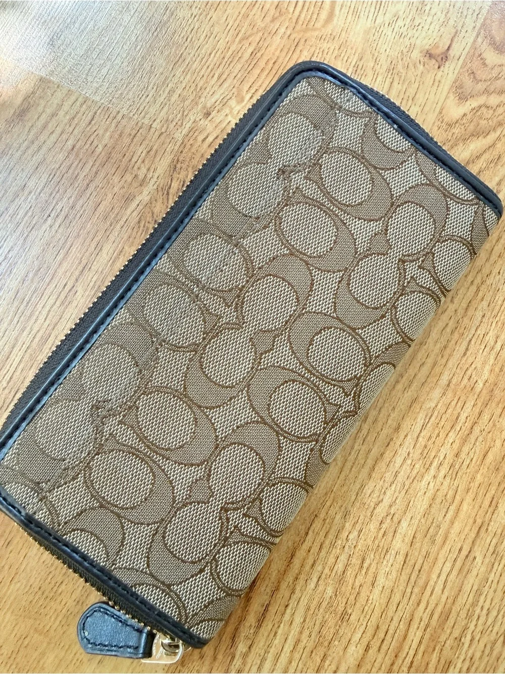 Coach Signature Zip Wallet in Brown with Black Trim